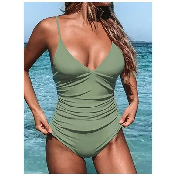 NEW Green Women's One Piece Swimsuit Tummy Control V Neck Bathing Suit sz M - Picture 6 of 10